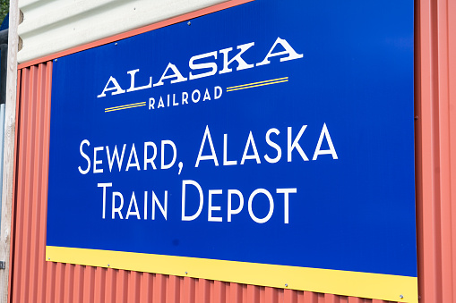 Seward, AK - September 1, 2022: Sign outside the Seward railroad train station of the Alaska Railroad