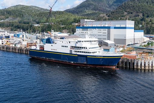 Ketchikan, AK - September 9, 2022: The ship MV Hubbard docked in Ketchikan, Alaska.  The Hubbard is part of the Alaska Marine Highway System fleet