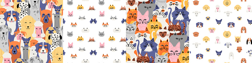 Set of funny cat and dog animal crowd cartoon seamless pattern in flat illustration style. Cute domestic pet group background collection, diverse breed wallpaper print.