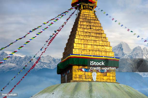 Buddhas Eyes And Back Side Himalayas At Boudhanath Stupa In Kathmandu Nepal Stock Photo - Download Image Now