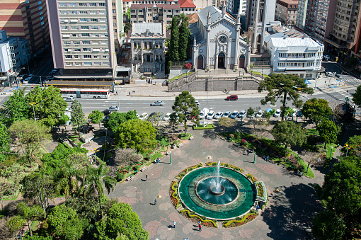 Caxias do Sul, Rio Grande do Sul, Brazil - Oct 24th, 2022: Aerial view of Dante Alighieri Square and Cathedral church