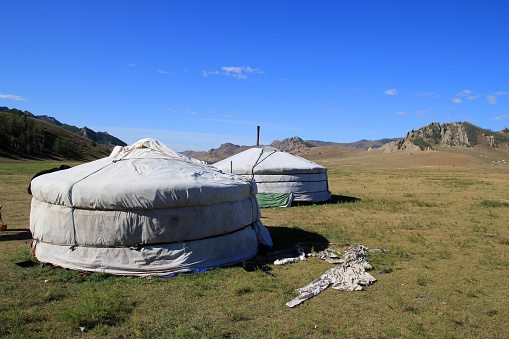 Mongolian Ger (Yurt) and Landscape in Gobi Desert\nGobi, Mongolia