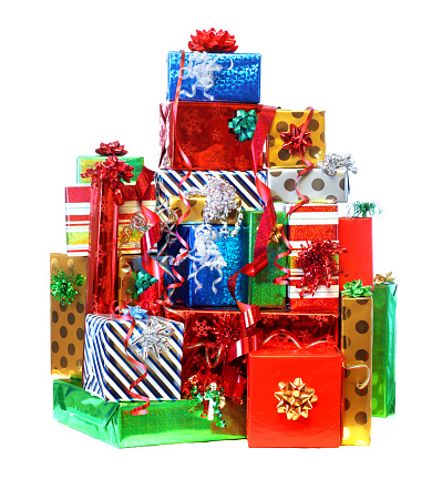 Stack of colorful presents isolated on white
