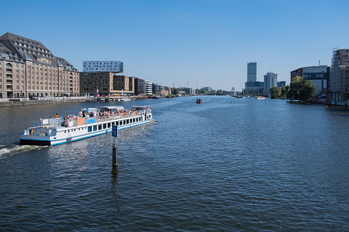 A tour boat in Spree river in Berlin, Berlin state, Germany