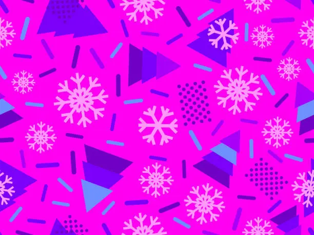 Vector illustration of Christmas seamless pattern with Christmas decorations and geometric shapes in 80s style. Festive background for greeting cards, wrapping paper and banners. Vector illustration