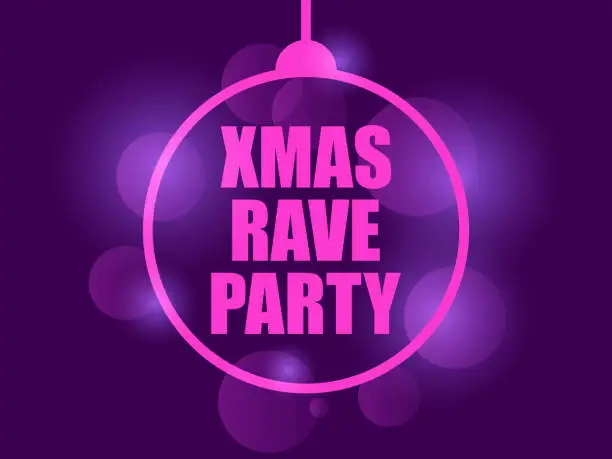 Vector illustration of Xmas rave party. Outline of a hanging Christmas ball and glowing particles of magical glow. Merry Christmas rave party. Design for posters, banners and promotional products. Vector illustration