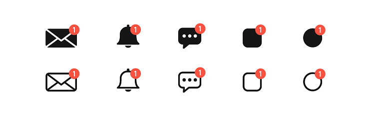 Notice icon. Message sign. Alert symbol. Notification icons set. Mail or email, bell, message, square, circle symbols set. Red and black color. Vector isolated sign.