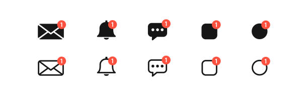 Notice icon. Message sign. Alert symbol. Notification icons set. Mail or email, bell, message, square, circle symbols set. Red and black color. Vector sign. Notice icon. Message sign. Alert symbol. Notification icons set. Mail or email, bell, message, square, circle symbols set. Red and black color. Vector isolated sign. notification icon illustrations stock illustrations