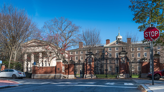 Providence, Rhode Island, USA- November 22, 2022: Main entrance gate of Brown University in Providence, Rhode Island. Brown University, a private Ivy League university that was founded in 1764, is the 7th oldest institution of higher learning in the United States and currently has over 8,000 enrolled students.