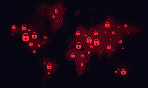 Digital Dark Red Background with Warning Ribbon. Data Breach Concept vector art illustration
