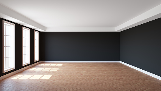 Empty Interior of the Room with Black Stucco Walls, Three Windows, White Ceiling Cornice, Glossy Herringbone Parquet Floor and a White Plinth. 3D rendering with a Work Path on the Window. Ultra HD 8K