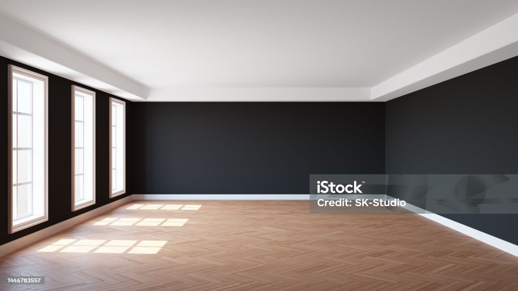 Empty Interior of the Room with Black Stucco Walls, Three Windows, White Ceiling Empty Interior of the Room with Black Stucco Walls, Three Windows, White Ceiling Cornice, Glossy Herringbone Parquet Floor and a White Plinth. 3D rendering with a Work Path on the Window. Ultra HD 8K Flooring Stock Photo