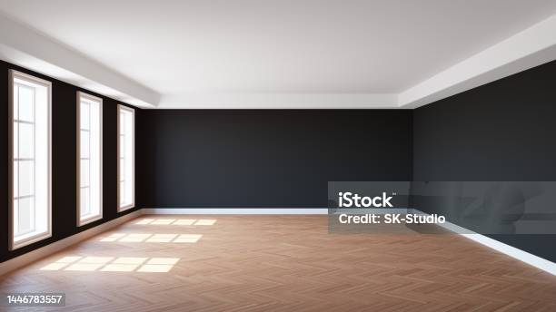 Empty Interior Of The Room With Black Stucco Walls Three Windows White Ceiling Stock Photo - Download Image Now
