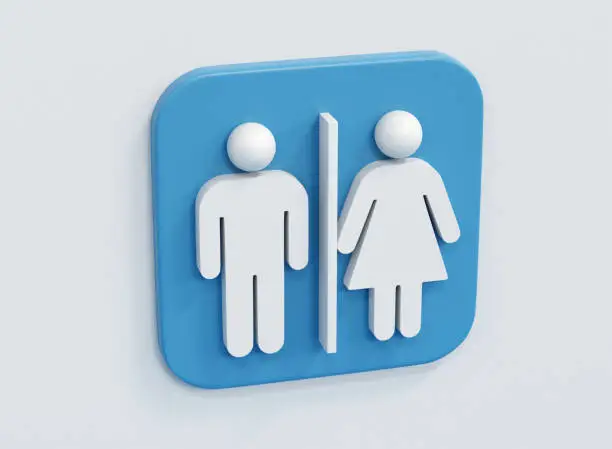 Man and woman symbol on a blue sign for a public bathroom, restroom or water closet on a white background