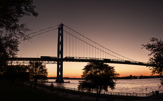 A silhouette of the Talmadge Bridge over the Savannah River at dusk, Savannah, Georgia