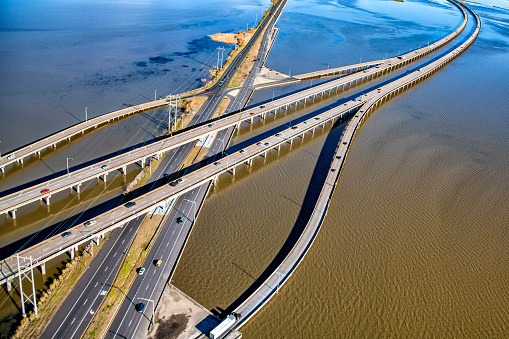 Interstate 10 causeway just east of the city of Mobile, Alabama shot aerially from an altitude of about 800 feet during a helicopter photo flight.