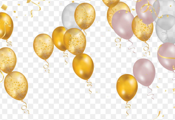 illustrazioni stock, clip art, cartoni animati e icone di tendenza di palloncini con oro isolati su fondo traslucido con riflessi. illustrazione 3d di celebrazione, palloncini per feste - translucent