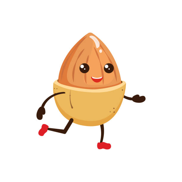 миндаль кавайи. грецкий орех в виде бегущего персонажа. симпатичные пищевые эмодзи - fruit bodies stock illustrations