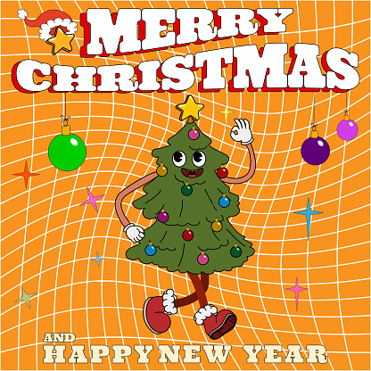 Groovy hippie Christmas poster. Christmas tree in trendy retro cartoon style. Merry Christmas and Happy New year greeting card, print, party invitation, background.
