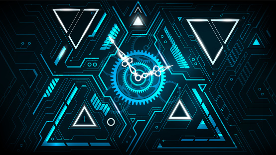 Abstract Futuristic Technology triangle Background with Clock concept and Time Machine, Can rotate clock hands, vector illustration