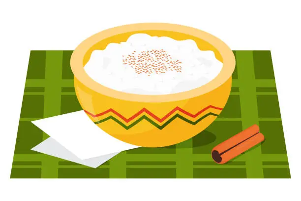 Vector illustration of Arroz con leche tradicional. Traditional Mexican recipe for popular milk rice pudding breakfast and snack. Vector illustration of Latin American national dish.