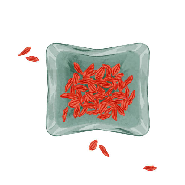 ręcznie rysowana akwarela ilustracja chińskiej medycyny ziołowej na szklanych miskach (chińska wolfberry) - wolfberry stock illustrations