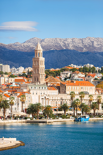 A beautiful view at the Adriatic sea and UNESCO heritage site in the city of Split.\nOld town panorama with a harbor.