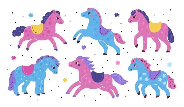 Vector illustration of Cartoon funny ponies. Colorful little horses. Magical animals. Kids fairy pets. Children carousel decorative elements. Cute stallions with saddles. Galloping mammals. Garish vector set