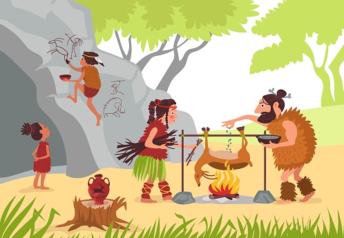 Stone age family. Funny cave primeval people. Primitive parents and kids at daily chores. Cavemen roast meat on spit. Children draw on stones. Man and woman cook on bonfire. Splendid vector concept