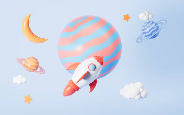 istock Planet and rocket on the blue background, Cartoon universe scene, 3d rendering. 1446807756