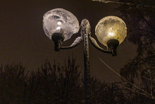 Close-up of an old street lamp with mosquitoes at night.