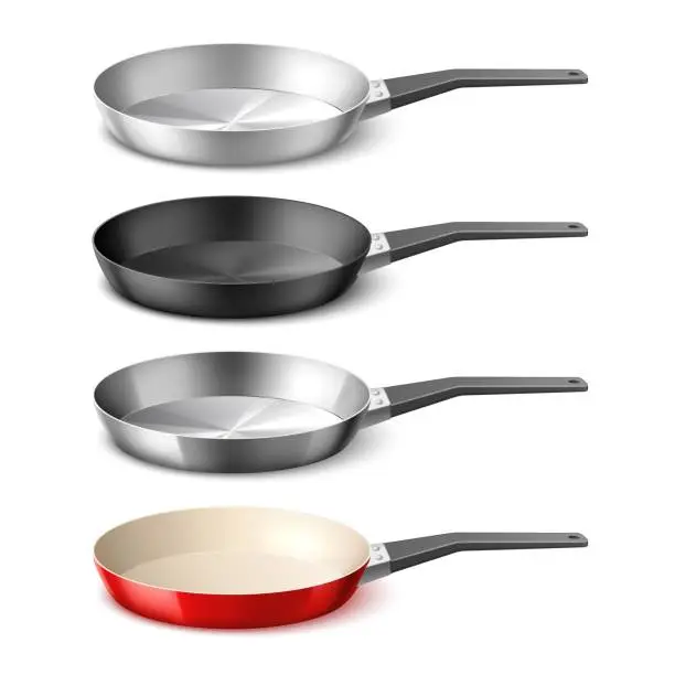 Vector illustration of Realistic frying pans. 3d dishes with different coatings, metallic cookware, aluminum, teflon, cast iron and steel skillet, isolated elements for cooking, kitchenware utter vector concept