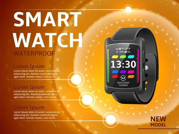 Vector illustration of Realistic smartwatches poster. Multifunction wrist device, electronic wristband advertising banner, color touch screen, infographic poster, 3d isolated element, utter vector concept