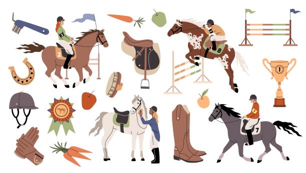 馬術スポーツ。女の子と男の子は、馬に乗るプロの騎手、競馬種牡馬、乗馬スポーツアクセサリー、ブーツとサドル、動物ケア機器整頓されたベクター漫画フラットセットです - equestrian event flat racing horse racing people点のイラスト素材／クリップアート素材／マンガ素材／アイコン素材