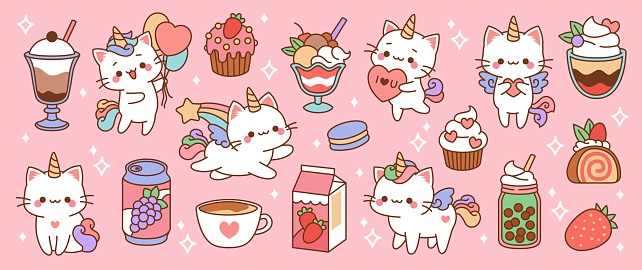 Cute little unicorns cats sweets. Sugar desserts and drinks, fruit milk and fairy animals, kawaii rainbow pets with cupcakes, cartoon style stickers, adorable fantasy kittens tidy vector isolated set