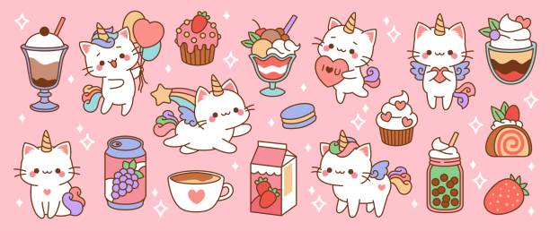 Cute little unicorns cats sweets. Sugar desserts and drinks, fruit milk and fairy animals, kawaii rainbow pets with cupcakes, cartoon stickers, adorable fantasy kittens tidy vector isolated set Cute little unicorns cats sweets. Sugar desserts and drinks, fruit milk and fairy animals, kawaii rainbow pets with cupcakes, cartoon style stickers, adorable fantasy kittens tidy vector isolated set kawaii cat stock illustrations