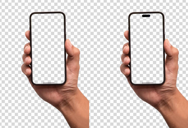 istock Hand holding the black smartphone isolated on background - Clipping Path 1446814426