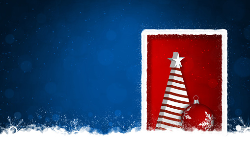 Horizontal illustration of a white 3D Xmas tree and a ball over bright royal blue colored backdrop and a border or door giving an aura or glow to the box. Apt for Xmas, Christmas, New Year Day vacations themed wallpapers, greeting cards, posters and backdrops and gift wrapping paper sheets. There is a white snowy border around the tree over red backdrop.