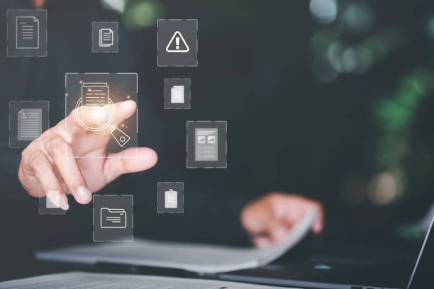 istock Businessman Audit documents, quality assessment management With a checklist, business document evaluation process, market data report analysis and consulting, plan review process. 1446822983