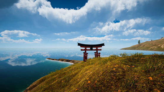 3D rendering. Japanese traditional gate Torii, symbol of Shintoism .Natural landscape