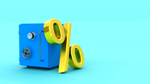 istock Gilded percent symbol leaned against a metal safe on a blue background with space for text or logo. Finance concept. Savings, accumulation. 3D rendering 1446825168