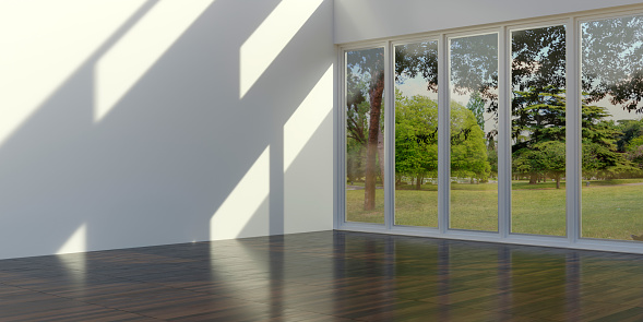 Empty living room interior background. Garden trees out of window, white wall, wooden floor. Cozy home, sunny day. 3d render
