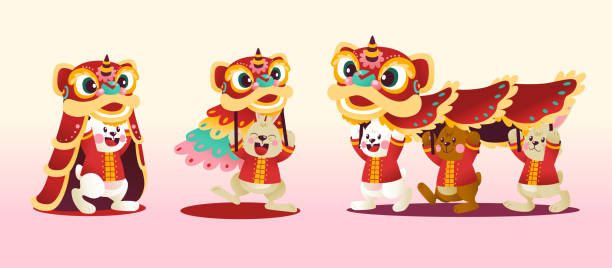 illustrazioni stock, clip art, cartoni animati e icone di tendenza di personaggio del coniglio in performance del costume della danza del leone, capodanno cinese, vettore - lion dance