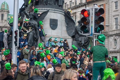 Dublin, Ireland – March 18, 2019: The people in Dublin city center during the busy Saint Patrick's day celebration