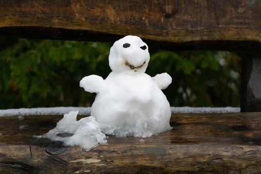 A closeup of a melting snowman on a wooden bench