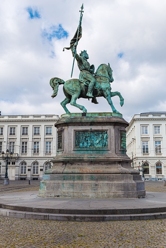 Brussels, Belgium – June 04, 2017: A vertical shot of a Godefroid de Bouillon Statue at Place Royale