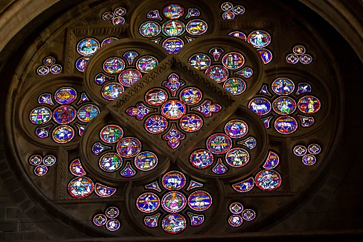 Painted stained glasses inside the Lausanne Cathedral, Switzerland