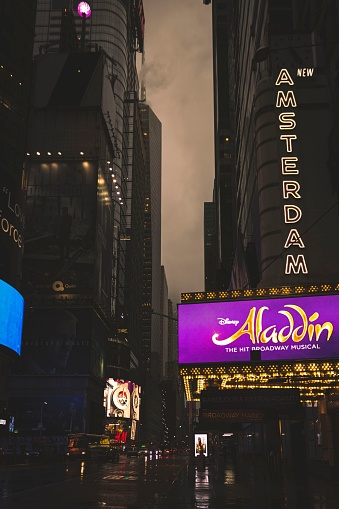Manhattan, United States – October 26, 2020: A poster of Aladdin performance at new Amsterdam theatre in a rainy day in New York