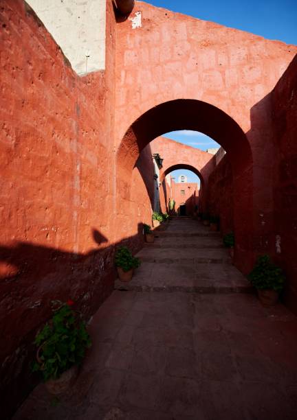 페루 아레키파의 산타 카탈리나 수도원으로 이어지는 장미가 있는 길 - santa catalina monastery 뉴스 사진 이미지