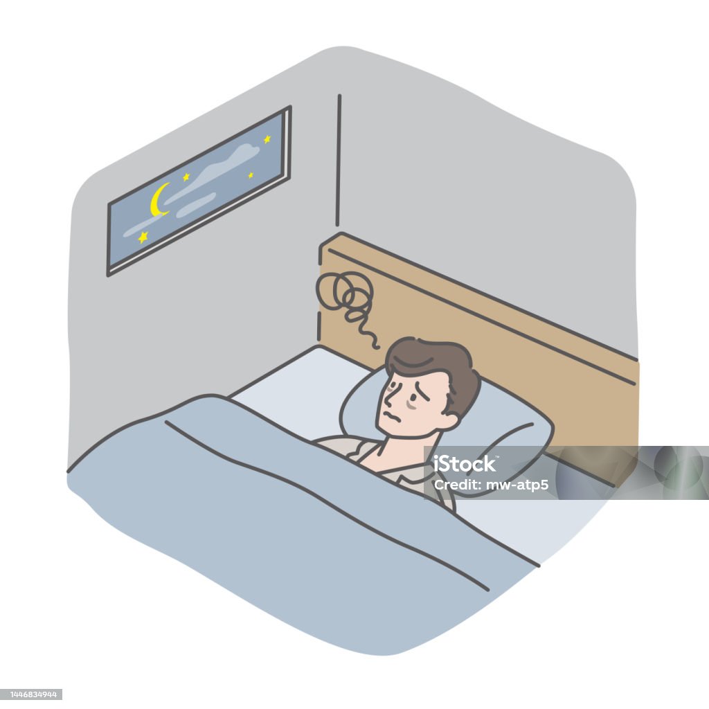 Sleep Problem Drawing A Young Man Who Has Trouble Sleeping At Night Stock Illustration ...